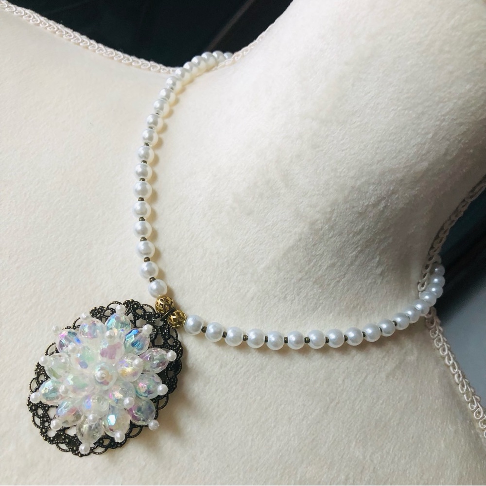 Handcrafted repurpose filigree pearl cluster pendant Czech glass Pearl necklace